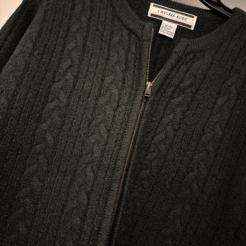 Women's Sweater XL Wool Full Zip Cable Knit Cardigan Dark Green Fisherman Vtg - Picture 3 of 7